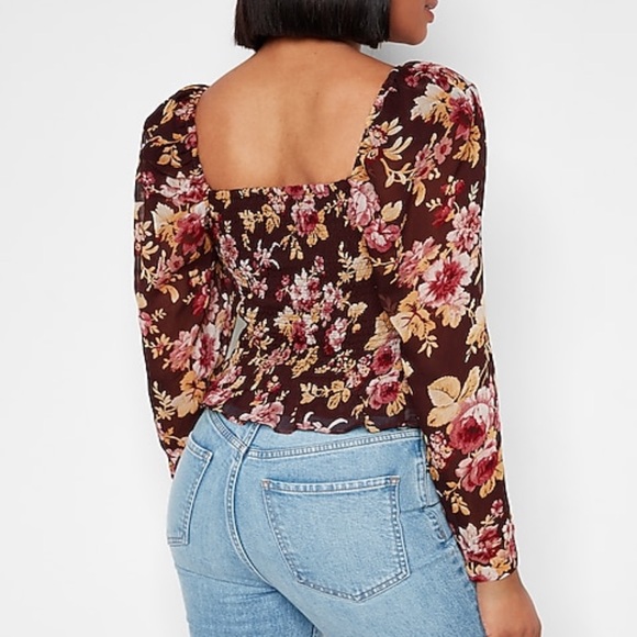 NWT Express L Floral Smocked Square Neck Long-sleeve Top - Picture 5 of 5